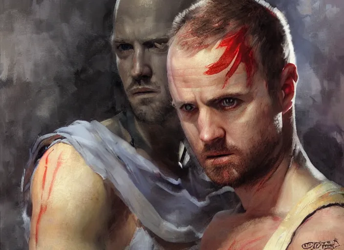 Image similar to a highly detailed beautiful portrait of jesse pinkman as kratos, by gregory manchess, james gurney, james jean