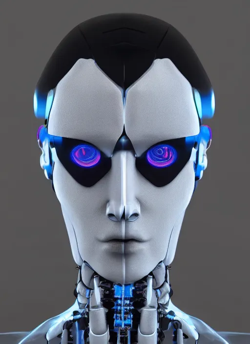 Prompt: side facial portrait of a cyberpunk bone ceramic caliente humanoid robot Brasileiro with an attractive face and handsome features, large blue laser eyes, macho, piroca, dotado, guapo, reflective surface, trending on cgsociety, trending on artstation