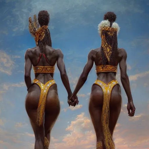 Image similar to beautiful Zulu goddesses holding hands, focused, worried, highly detailed, artstation, concept art, sharp, illustration, art by Edgar Maxence and Ross Tran and Michael Whelan