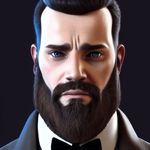 Image similar to a highly detailed portrait of a man, with a medium brown beard and hair, blue eyes, wearing a tuxedo, artstation, deviantart, professional, octane render