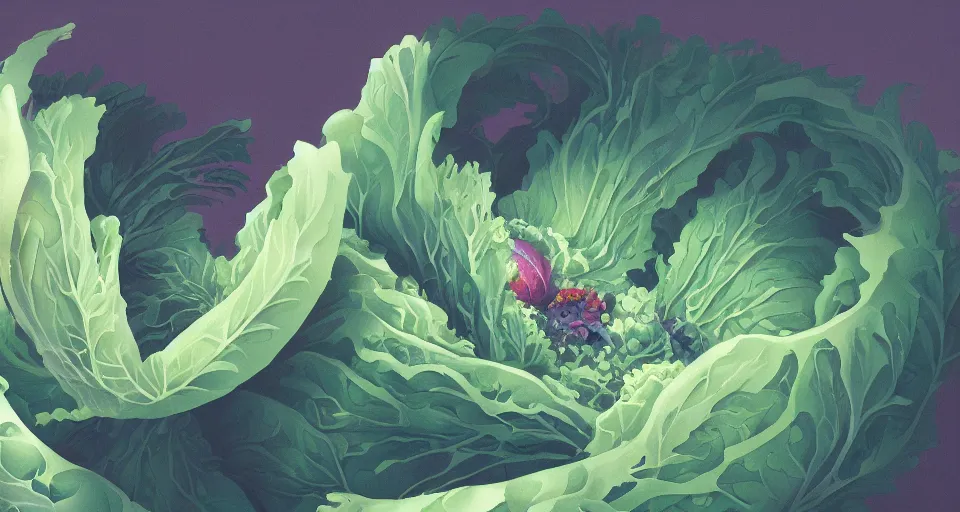 Prompt: a beautiful painting of a rotten cabbage by studio ghibli, gigantic, octane render, brilliantly coloured, intricate, ultra wide angle, trending on artstation, dusk, volumetric lighting, polished, micro details, ray tracing, 8k