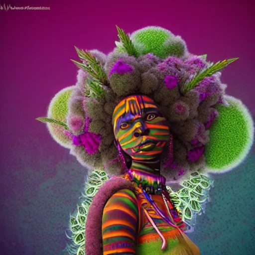 Image similar to a female african marijuanna! shaman with an afro made of flowers, third eye art art by machina infinitum, complexity from simplicity, rendered in octane, mandelbulb 3 d, ambient occlusion, macro photography, felt!!! texture, tribal, pastel! retrowave