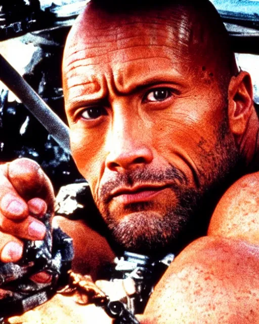 Image similar to film still close up shot of dwayne johnson as max rockatansky in the movie mad max 2 the road warrior. photographic, photography