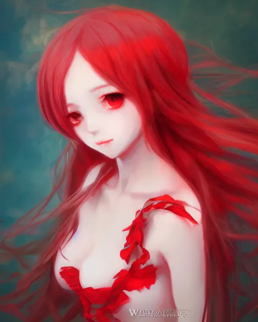 Image similar to the goddess of summer, bust head, red gauze skirt, dreamy, beautiful, by wlop