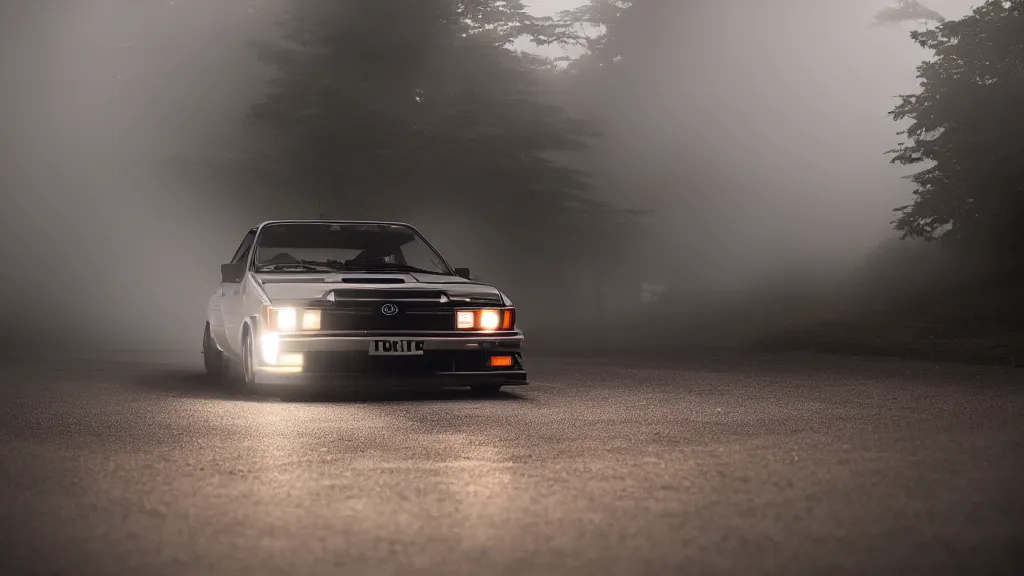 Image similar to a toyota ae 8 6 with pop up headlights, cinematic, long exposure, white balance, 8 k, led, lumen global illumination, fog, ray tracing reflections