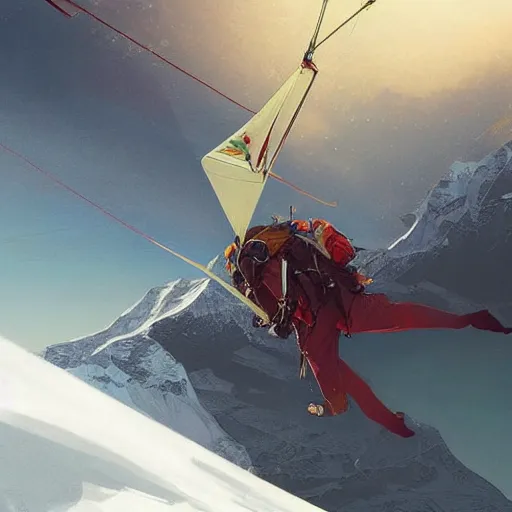 Image similar to a hangglider flying off the top of mount everest, digital painting, artstation, concept art, smooth, sharp focus, illustration, art by artgerm and greg rutkowski and alphonse mucha