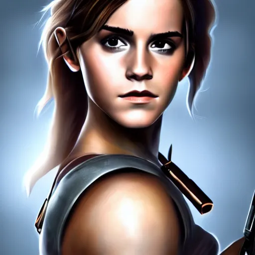 Image similar to Emma Watson as Lara Croft, digital art, highly-detailed, stunning