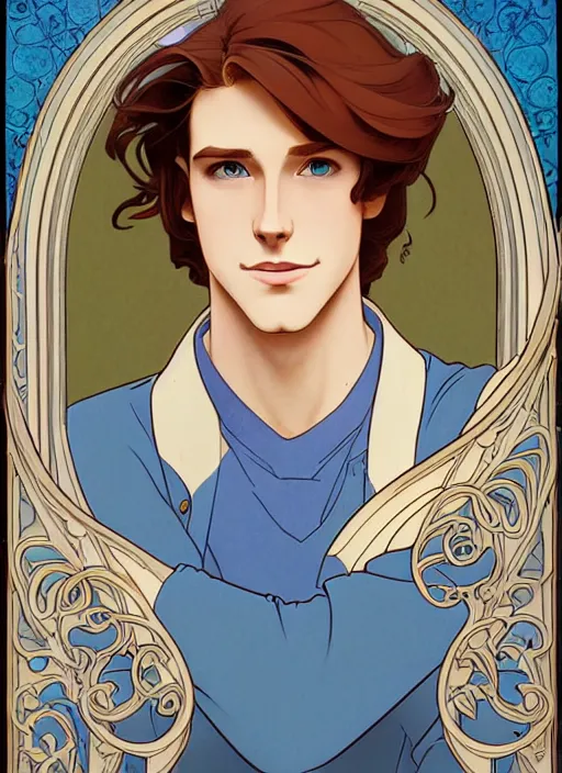 Prompt: well - lit art nouveau portrait of a young man with medium length auburn hair, pale skin, freckles, light blue eyes, casual clothes, natural lighting, path traced, highly detailed, high quality, cartoon, digital painting, by don bluth and ross tran and studio ghibli and alphonse mucha