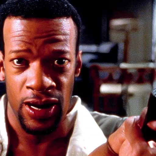 Prompt: film still of pulp fiction with marlon wayans from scary movie