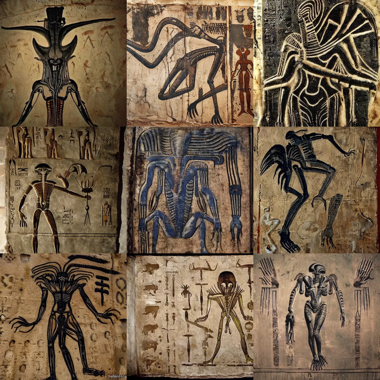 Prompt: [ xenomorph ] [ giger ] [ alien ] from movie aliens painted on ancient egyptian mural art, with hieroglyphs