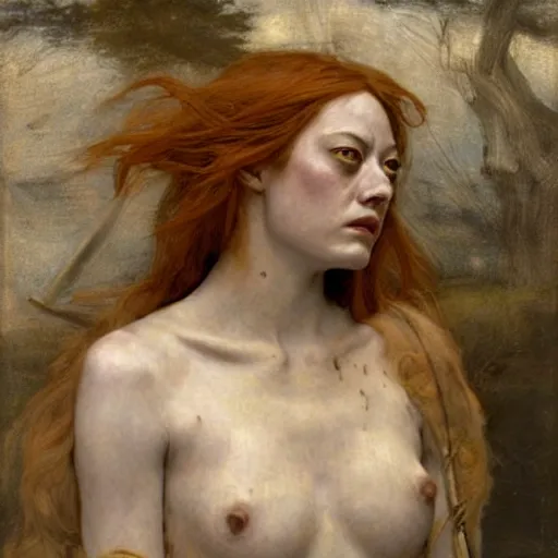 Prompt: emma stone as boudicca by edgar maxence and caravaggio and michael whelan and delacroix