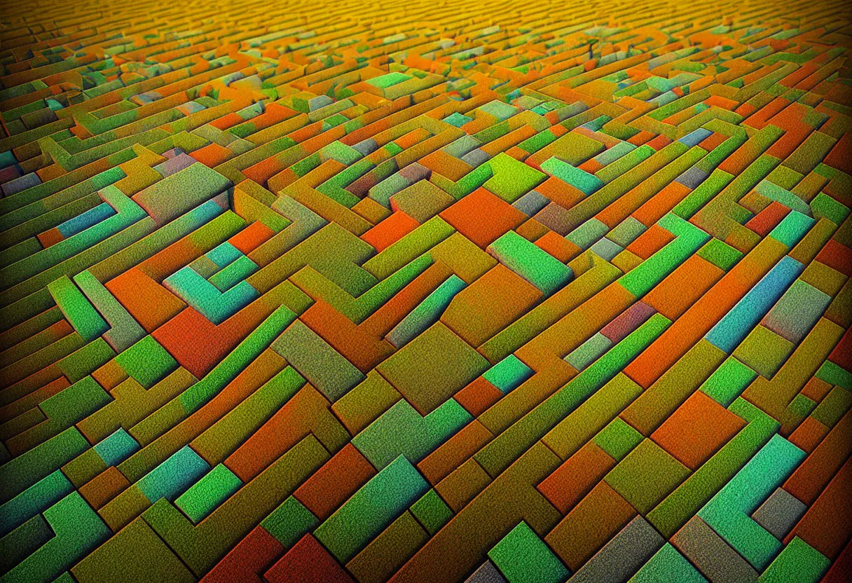 Prompt: . vibrant ultra clear top view of a vast stone labyrinth stretching to the horizon, nice colour scheme, warm colour. beautiful artistic digital artwork by artist lurid. ( 2 0 2 2 ), gediminas pranckevicius