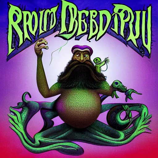 Prompt: A prog rock album cover of a long bearded wizard frog casting a spell