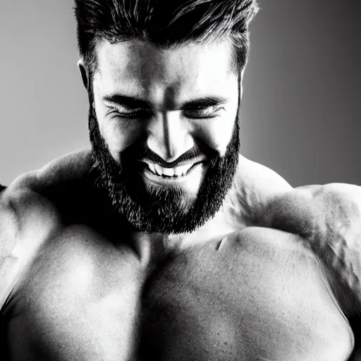 Image similar to Black and white photography of a very muscular man smiling with a chiseled jawline and trimmed beard