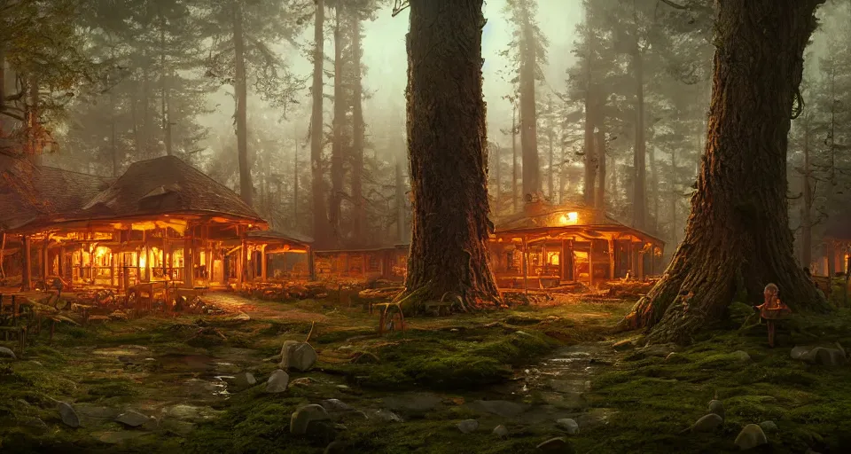 Image similar to A quiet tavern in the middle of a forgotten magical forest, large trees, mushrooms, atmospheric, rendered by simon stålenhag, rendered by Beeple, Makoto Shinkai, syd meade, environment concept, digital art, starwars, Gundam Style, unreal engine, 3 point perspective, WLOP, trending on artstation, low level, 4K UHD image, octane render,