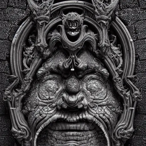 Image similar to black dark charcoal texture stone face of deathly demonic wraith, charred elemental, insanely intricate ornate ornamental design, depth detail, unreal engine 5, volumetric lighting, cinematic, Ray trace, octane render by beeple, 8k - H 777