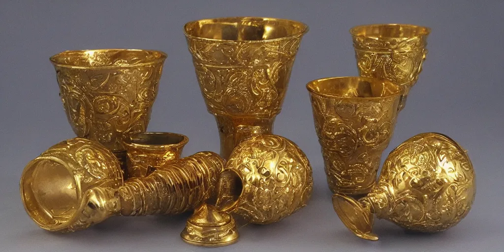 Image similar to magic, cups and balls, gold, ornate, detailed, realistic