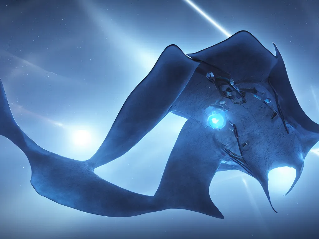 Prompt: giant manta ray in space, unreal engine 5, perspective 3 d octane render, cold blue color scheme!!!, by 8 k, light rays, lens flare, epic, hyperdetailed, trending on artstation