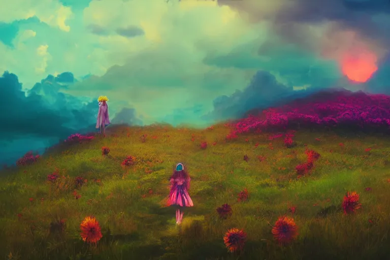 Image similar to giant dahlia flower crown under head, girl walking on mountain, surreal photography, colorful storm clouds, dramatic sunset, impressionist painting, digital painting, artstation, simon stalenhag