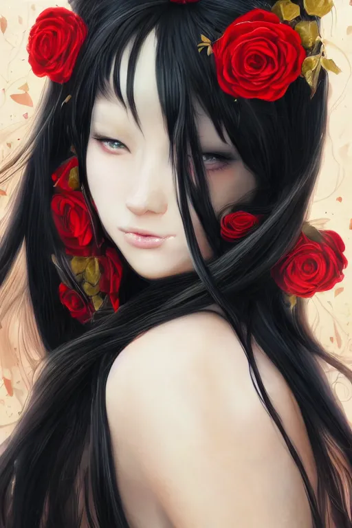 Prompt: high quality digital portrait of woman with long black hair, red eyes, red headband, golden roses in hair, anime, face, fantasy, intricate, elegant, highly detailed, digital painting, concept art, smooth, sharp focus, illustration, art by hiromu arakawa, krenz cushart, sui ishida, trending on artstation