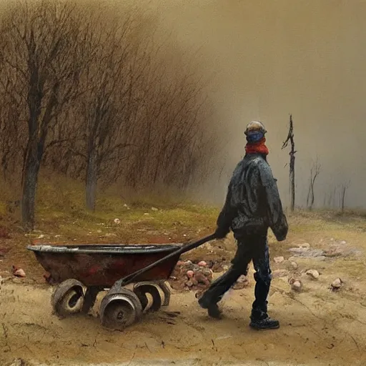 Image similar to painting by jakub rozalski of a person walking with a wheelbarrow in an abandoned post soviet town infested with root monsters