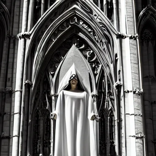 Prompt: architectural shot, no decaying lines, alabaster gothic cathedral, black opal skin, gothic girl dressed in black with macro head face