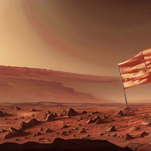 Image similar to overview photo of the sprawling colony on mars with the martian flag, photorealistic matte painting, concept art, hazy atmosphere