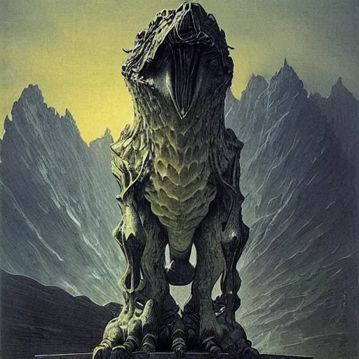 Prompt: portrait of immense, majestic, surreal, terrifying yoshi!!! standing triumphant over the city, perfectly clear face, by j. c. leyendecker, bosch, and beksinski