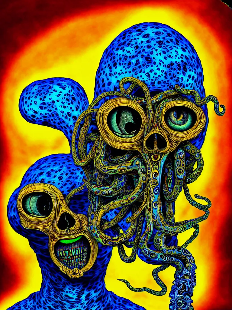 Image similar to a self portrait by the artist kelbv, in distinct hyper detailed style with tubes coming from eyes, and hollowed skull filled with blue and yellow paisley ellipsoids, perfect studio lighting against a backdrop of a still from the movie squid asthma.