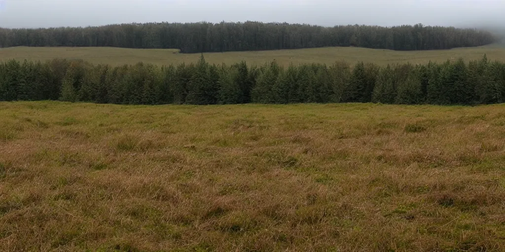 Prompt: Dutch moor field, slightly hilly, small forest in the background. Overcast day