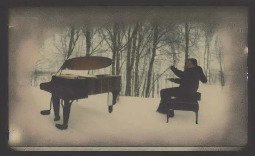 Prompt: polaroid photo of a topless man playing piano in the heavy snow, vintage colors, slight color bleed