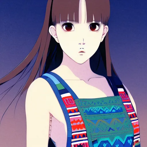 Image similar to a beautiful plus sized model japanese natalie portman, alluring plus sized model, wearing mayan leotard with elegant mayan apron overalls, street fashion hip hop style with mayan patterns, aztec street fashion, gapmoe yandere grimdark, trending on pixiv fanbox, painted by greg rutkowski makoto shinkai takashi takeuchi studio ghibli, akihiko yoshida