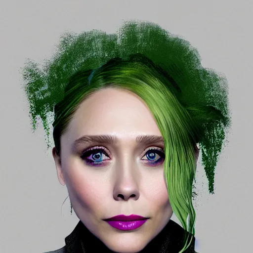 Image similar to elizabeth olsen with [ broccoli hair ]!!!!, trending on artstation, 4 k quality, intricate