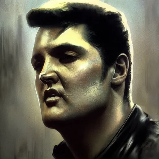 Image similar to elvis presley, hyperrealistic portrait, bladerunner street, art of elysium by frank frazetta and jeremy mann and alphonse mucha, fantasy art, photo realistic, dynamic lighting, artstation, poster, volumetric lighting, very detailed face, 4 k, award winning