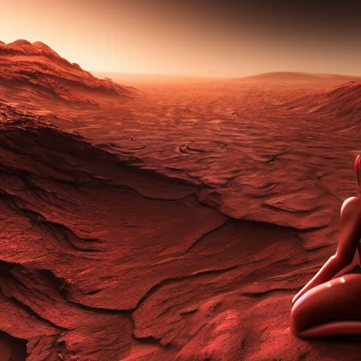 Image similar to Still of a Martian woman with gorgeous flowing hair on Mars, sitting on a Martian rock, reddish atmosphere with detailed highlights, dark gloomy sky cascading upon the atmosphere, well-detailed ornate Martian mountains in the background, trending on artstation, 4k, 8k