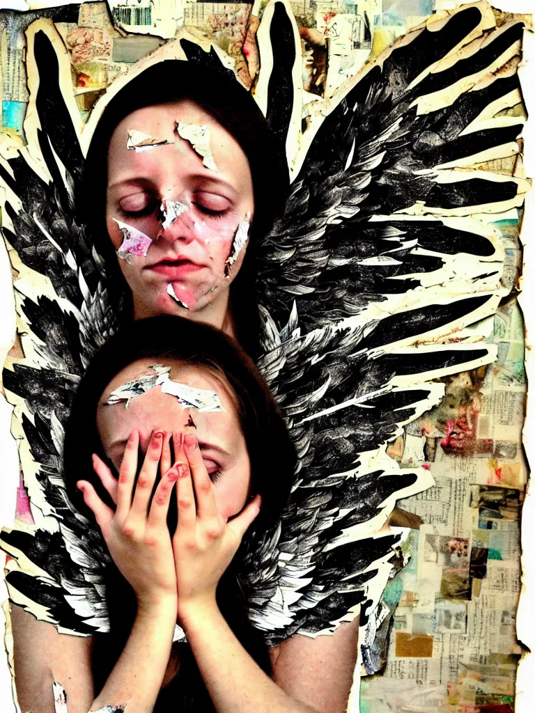 Prompt: a young adult angelgirl soft crying with lots of hands on her face and ratty feathered angel wings, stressed and burnt out, collage effect, collaged, torn paper, torn paper collage, overexposure, overexposed, high exposure