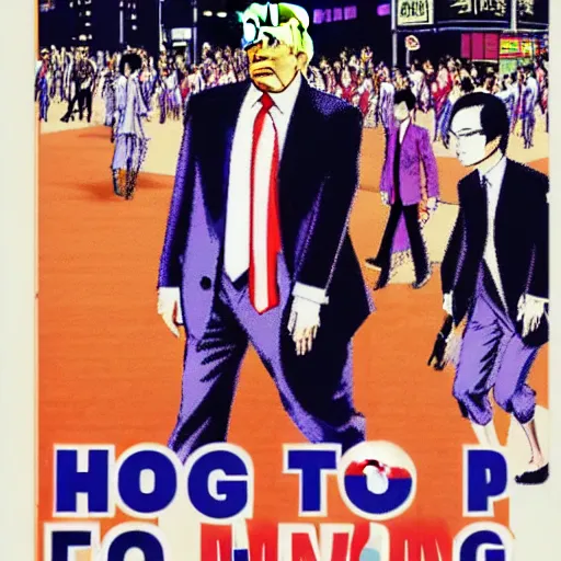 Prompt: glossy old advertising poster, donald trump walking through crowded hong kong street, vendors, drawn comic by junji ito, pastels, gradient