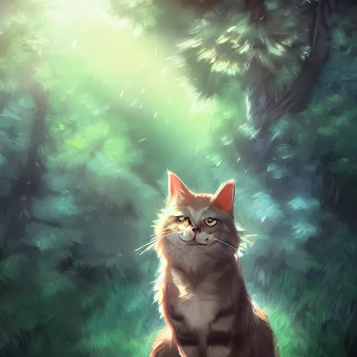 Prompt: a portrait of a cat in the forest, trending on artstation, trending on furaffinity, digital art, by kawacy, anime, furry art, warm light, backlighting, cartoon, concept art