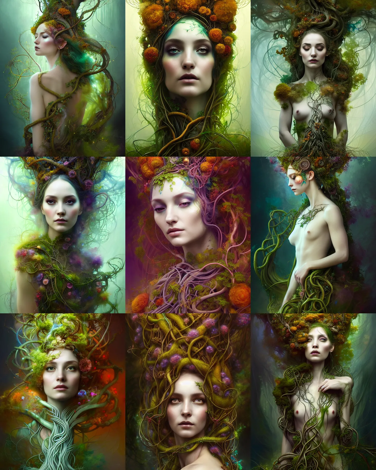 Prompt: Full View Portrait Mystical ethereal roots and vines deity wearing beautiful dress, roots and vines Dryad, 4k digital masterpiece by Anna dittman and Ruan Jia and Alberto Seveso, fantasycore, Hyperdetailed, realistic oil on linen, soft lighting, marigold background, featured on Artstation