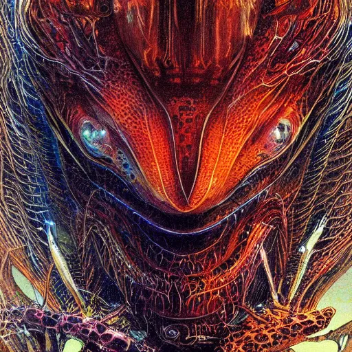 Prompt: simple concept art portrait of an intricately designed predatory alien species. an award winning yoshitaka amano poster. a masterpiece by james gurney. deep color.
