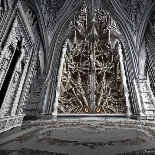 Prompt: hyperrealistic 3 d render of a massive fractal cathedral exterior populated by mandelbrot fractals, unreal engine, carved ivory, octane render, realistic, white, volumetric lighting, hyperrealism, stark, glowing, carved marble, opalescent, carved soap, sacred geometry, angelic, catholicpunk, photorealism, 8 k, trending on artstation