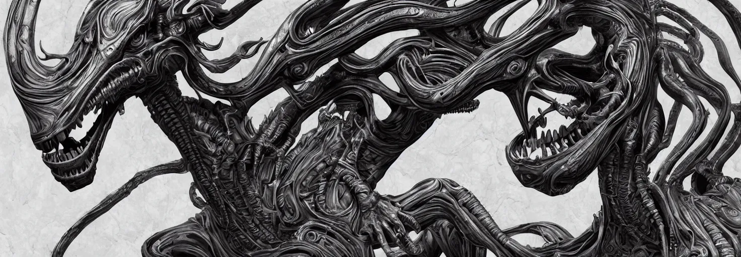 Image similar to engineer alien bood face by Artgerm, xenomorph alien, highly detailed, symmetrical long head, blood color, smooth marble surfaces, detailed ink illustration, raiden metal gear, cinematic smooth stone, deep aesthetic, concept art, post process, 4k, carved marble texture and silk cloth, latex skin, highly ornate intricate details, prometheus, evil, moody lighting, hr geiger, hayao miyazaki, indsutrial Steampunk