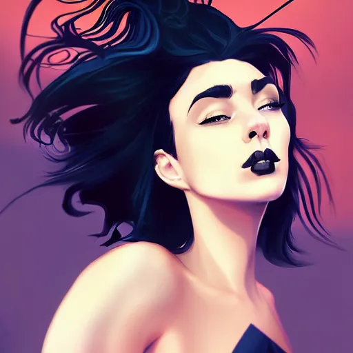 Prompt: a stunning upper body portrait of a beautiful woman with navy blue tinted black hair blowing in the wind by marvel comics, digital art, trending on artstation