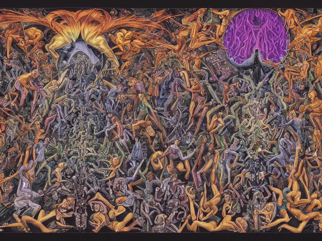 Image similar to transformation through death by Alex Grey and M. C. Escher collaboration