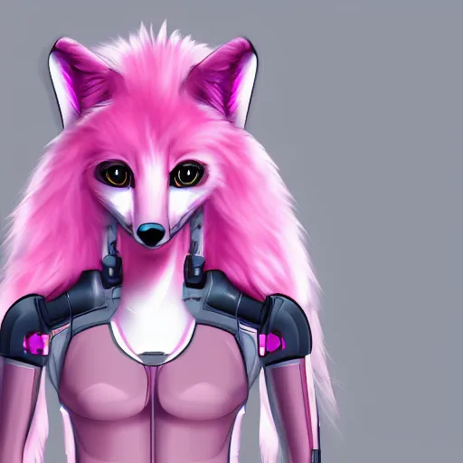 Image similar to digital art artstation, pixiv, portrait of a robotic fox with cybernetic body with pink hair, character fursona furry, furaffinity