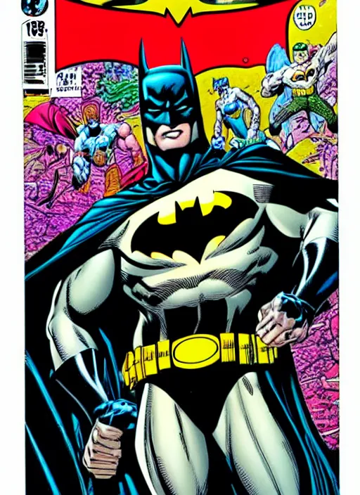 Image similar to 1 9 9 8 issue of jla cover depicting batman by ed mcguinness, masterpiece ink illustration,