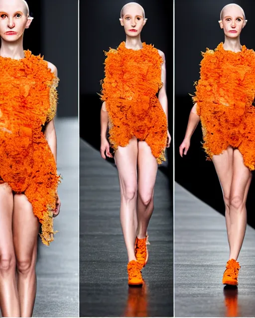 Image similar to multi panel storyboard of olivia wearing an outfit made of orange peels, runway model at new york fashion week, sporty physique, black hair, freckles, pale skin, half body shot, photo by greg rutkowski, stage lighting, soft colors, female beauty, intricate detail, elegance, 3 5 mm, depth of field, masterpiece