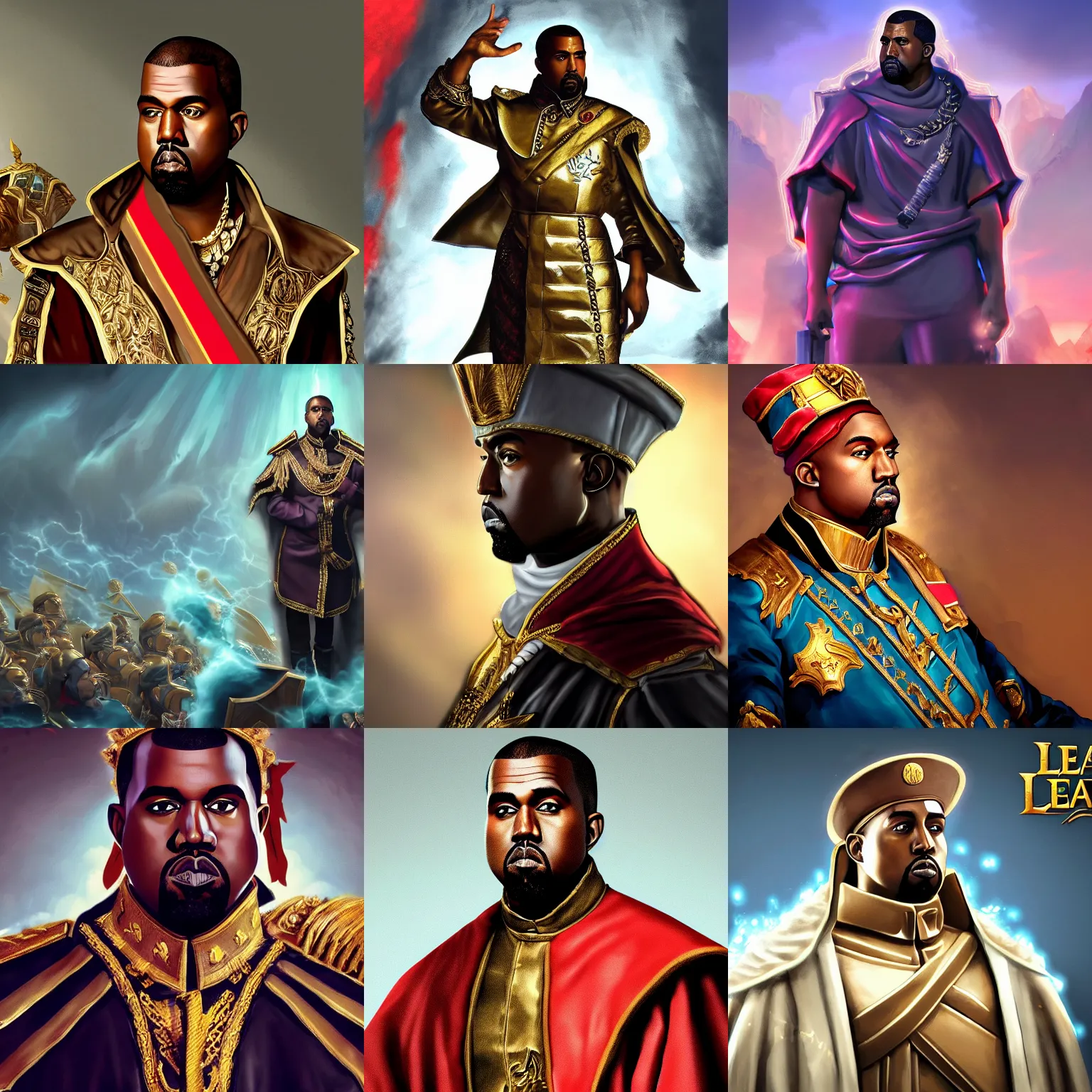 Image similar to Kanye West as emperor napoleon, League of Legends amazing splashscreen artwork, splash art, hd wallpaper, artstation