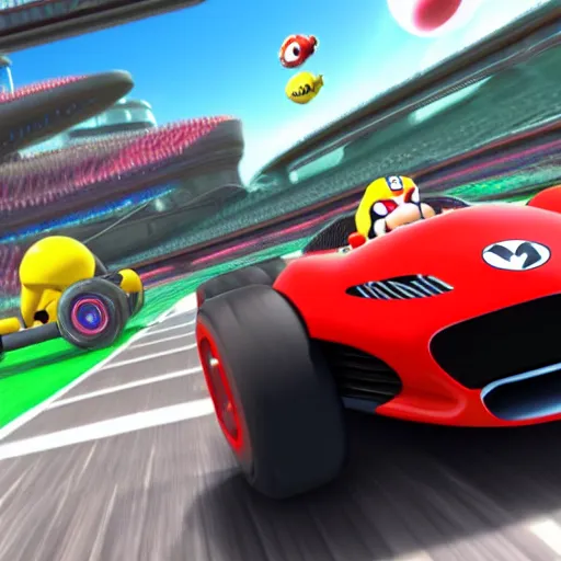 Image similar to super mario driving a bugatti chiron in mario kart 8, screenshot