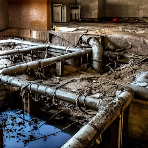 Image similar to deep underground bunker, flooded, dirty water, dense rusty pipes, dense cables